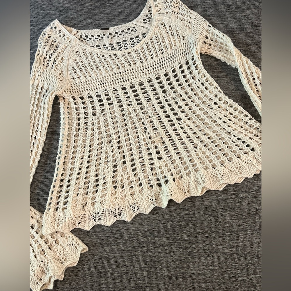 Free People Crochet Knit Sweater Top XS Ivory Cream Neutral Beach BOHO